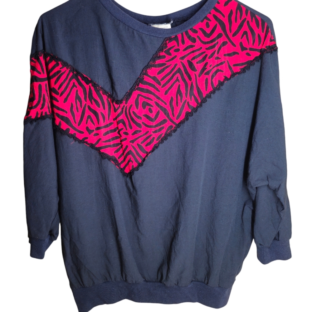 Vintage 80's Black and Red Zebra Stripe Applique Dolman Sleeves Size Sma…